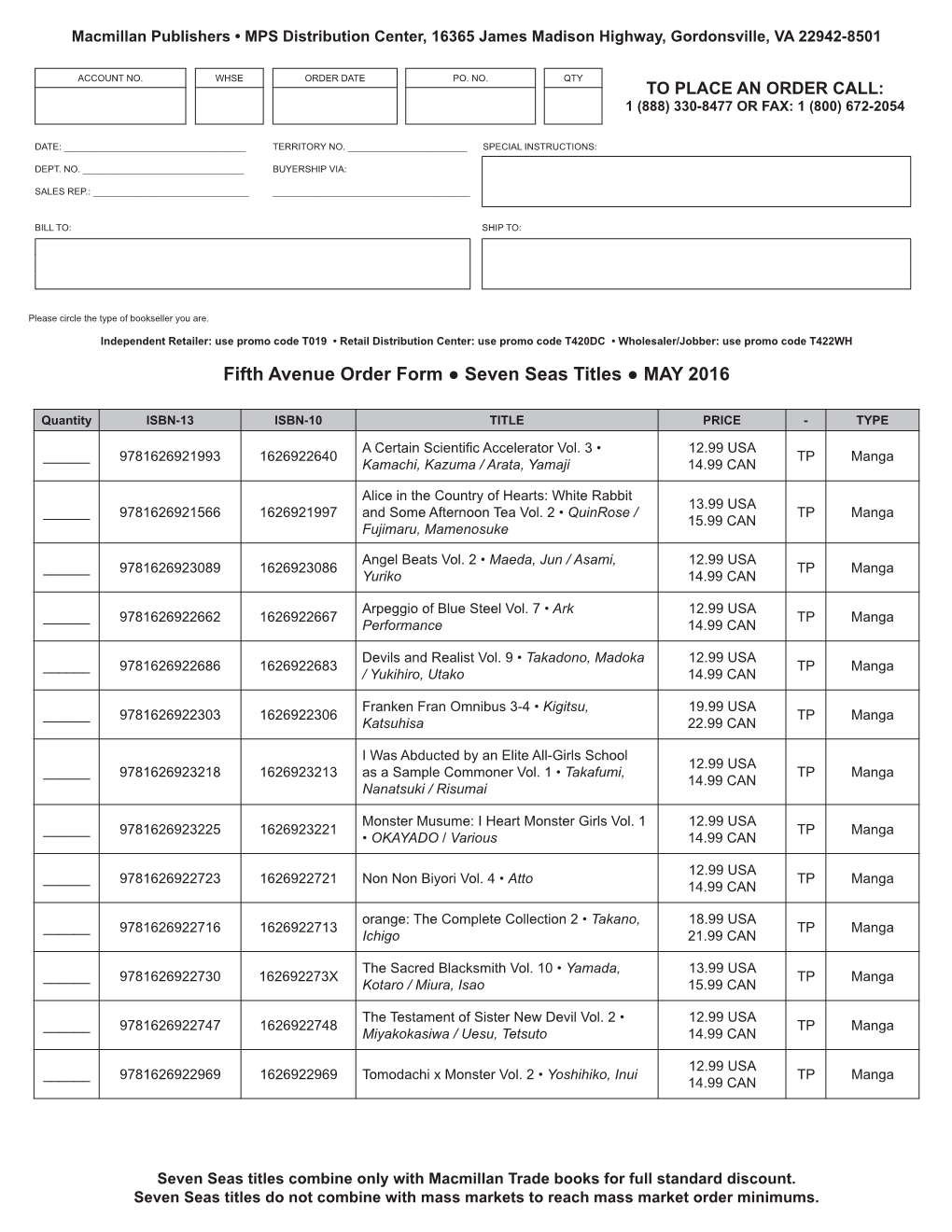 Fifth Avenue Order Form Seven Seas Titles MAY 2016