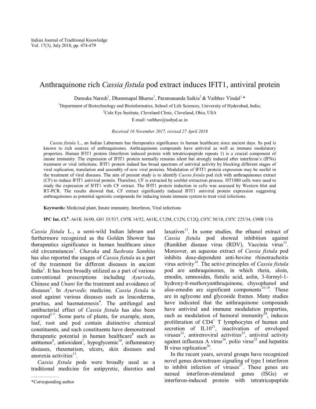 Cassia Fistula Pod Extract Induces IFIT1, Antiviral Protein