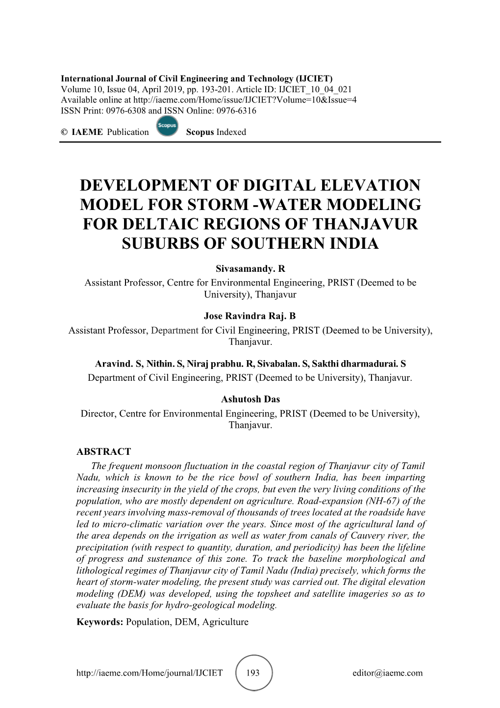 Development of Digital Elevation Model for Storm -Water Modeling for Deltaic Regions of Thanjavur Suburbs of Southern India