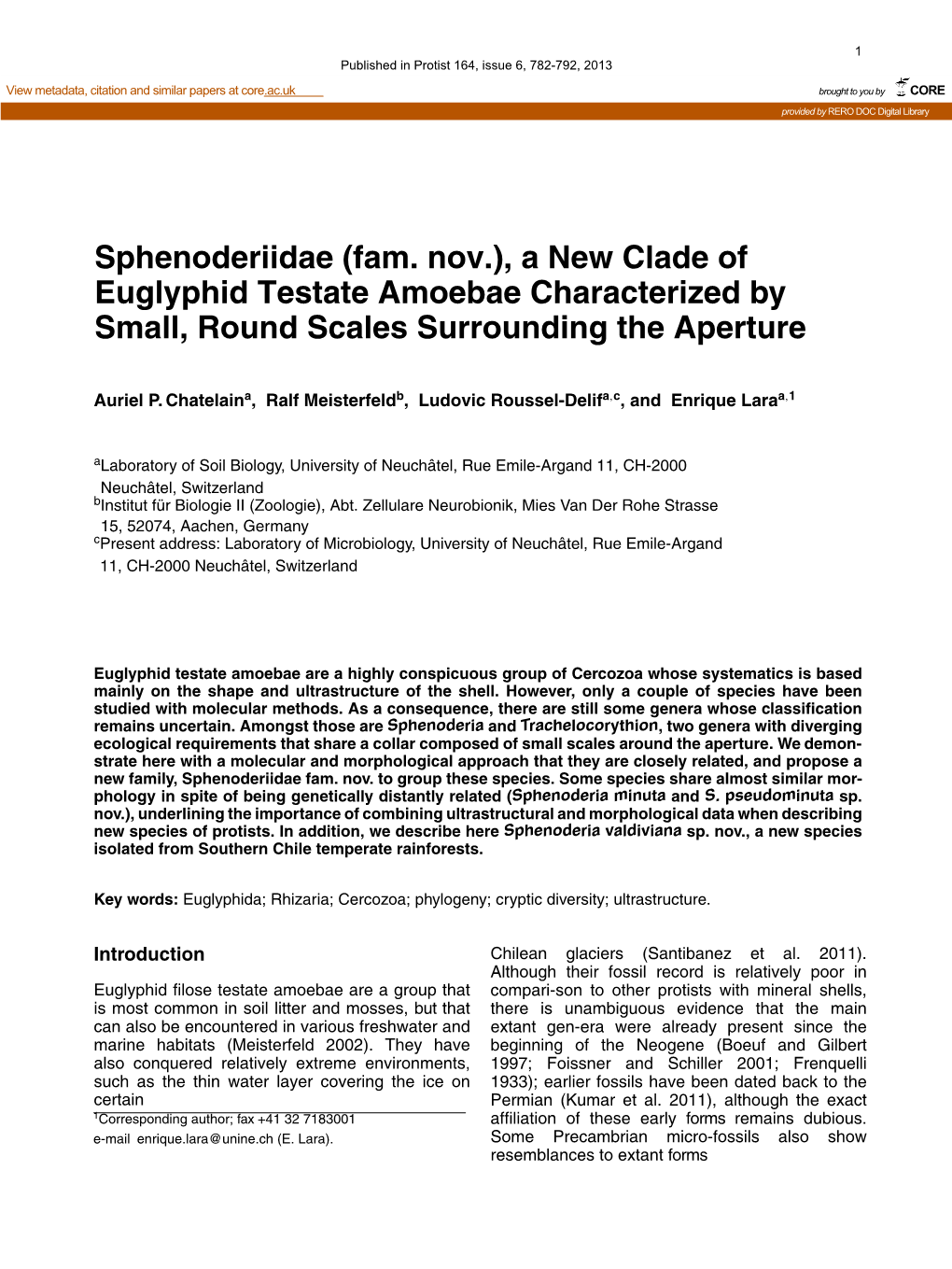 Sphenoderiidae (Fam. Nov.), a New Clade of Euglyphid Testate Amoebae Characterized by Small, Round Scales Surrounding the Aperture