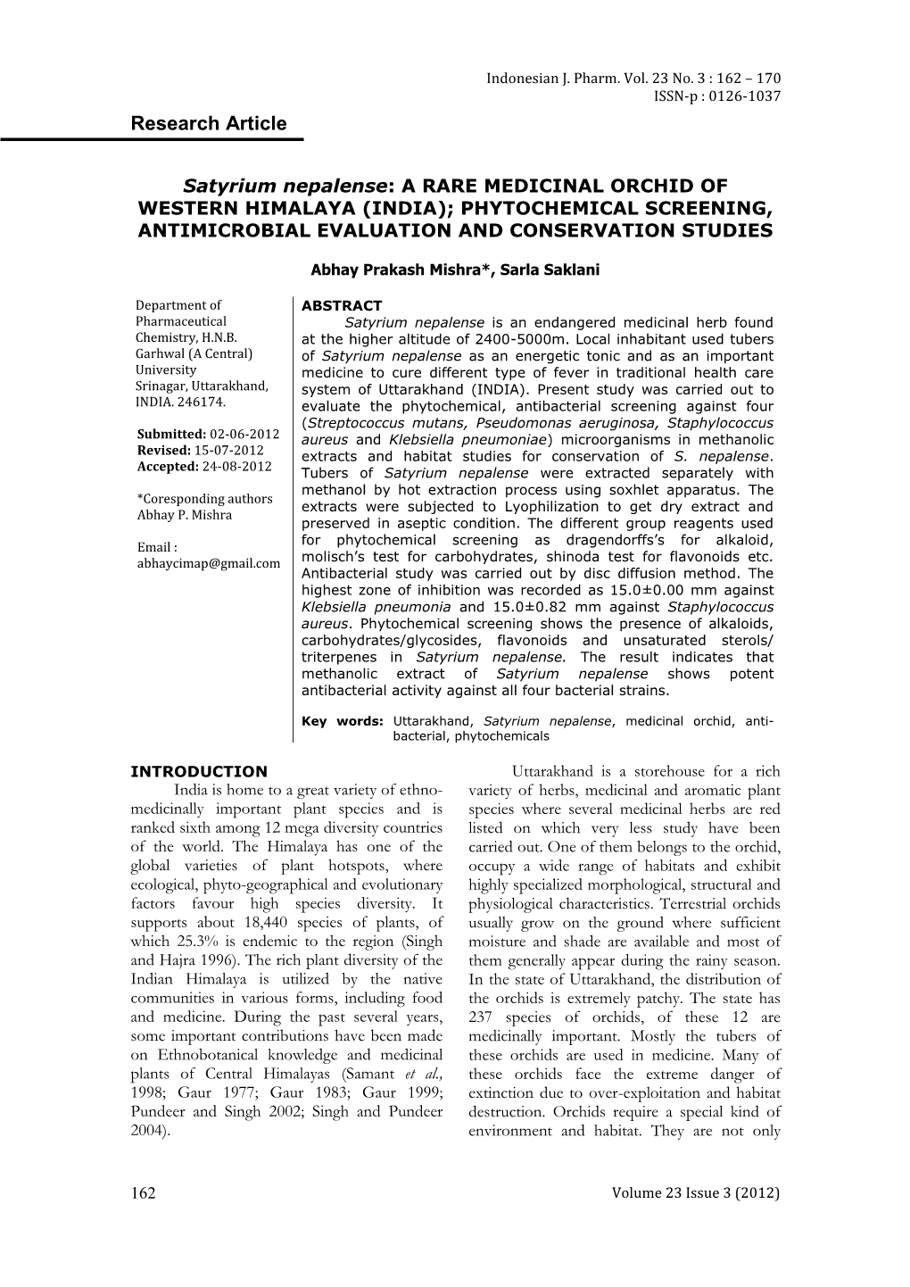 Satyrium Nepalense: a RARE MEDICINAL ORCHID of WESTERN HIMALAYA (INDIA); PHYTOCHEMICAL SCREENING, ANTIMICROBIAL EVALUATION and CONSERVATION STUDIES