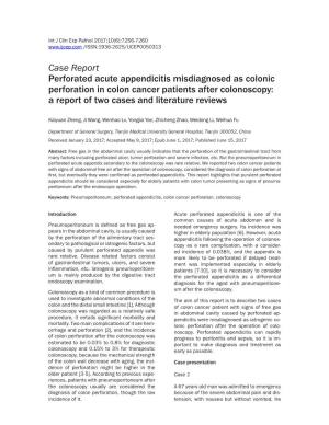 Case Report Perforated Acute Appendicitis Misdiagnosed As Colonic Perforation in Colon Cancer Patients After Colonoscopy: a Report of Two Cases and Literature Reviews