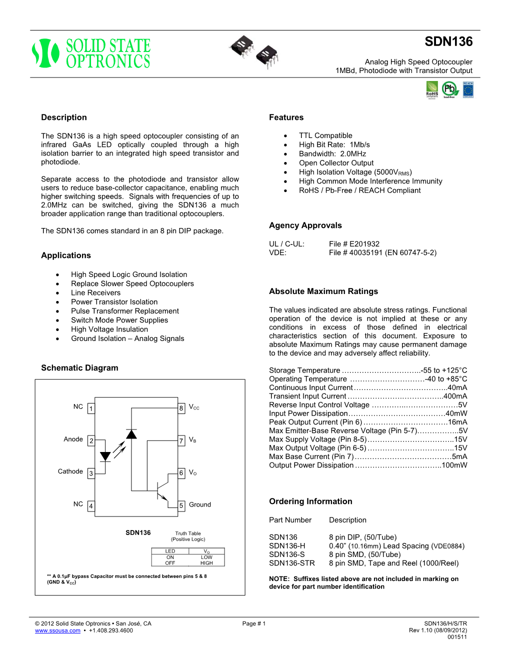 SDN136 Analog High Speed Optocoupler 1Mbd, Photodiode with Transistor Output