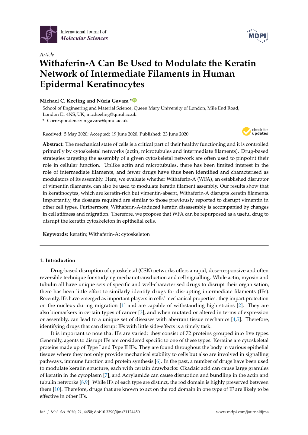 Withaferin-A Can Be Used to Modulate the Keratin Network of Intermediate Filaments in Human Epidermal Keratinocytes