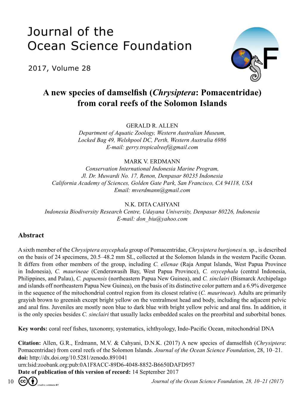 Chrysiptera: Pomacentridae) from Coral Reefs of the Solomon Islands