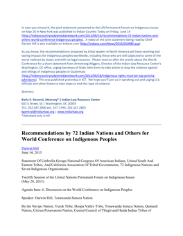 Recommendations by 72 Indian Nations and Others for World Conference on Indigenous Peoples