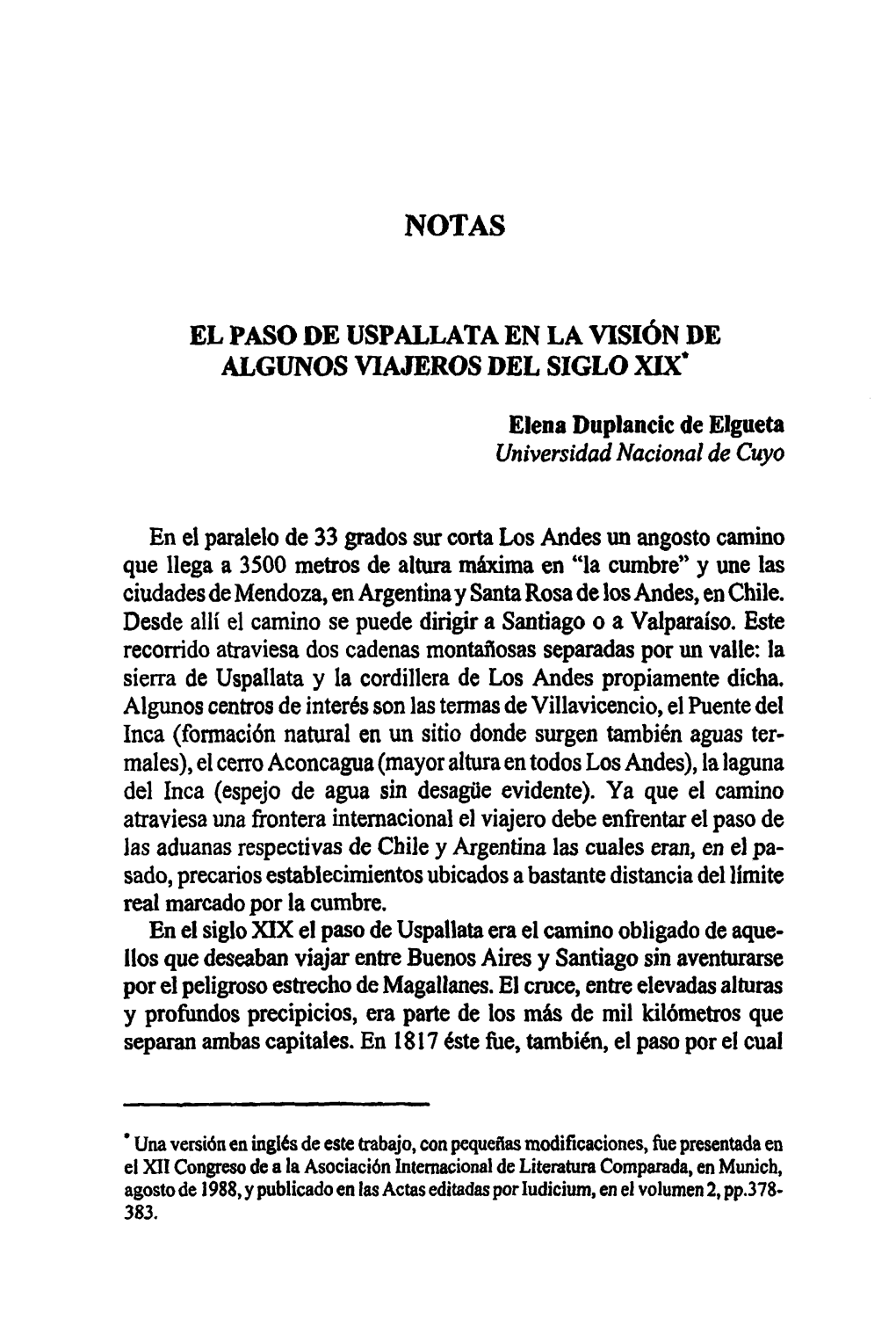 Notas El Paso De Uspallata En La V1siôn De Algunos Viajeros Del Siglo