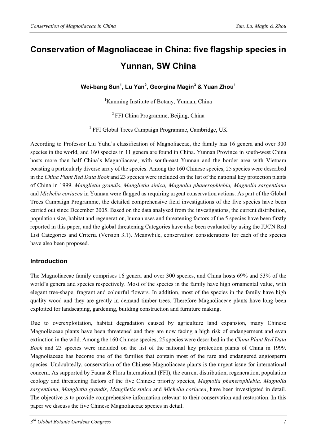 Conservation of Magnoliaceae in China Sun, Lu, Magin & Zhou