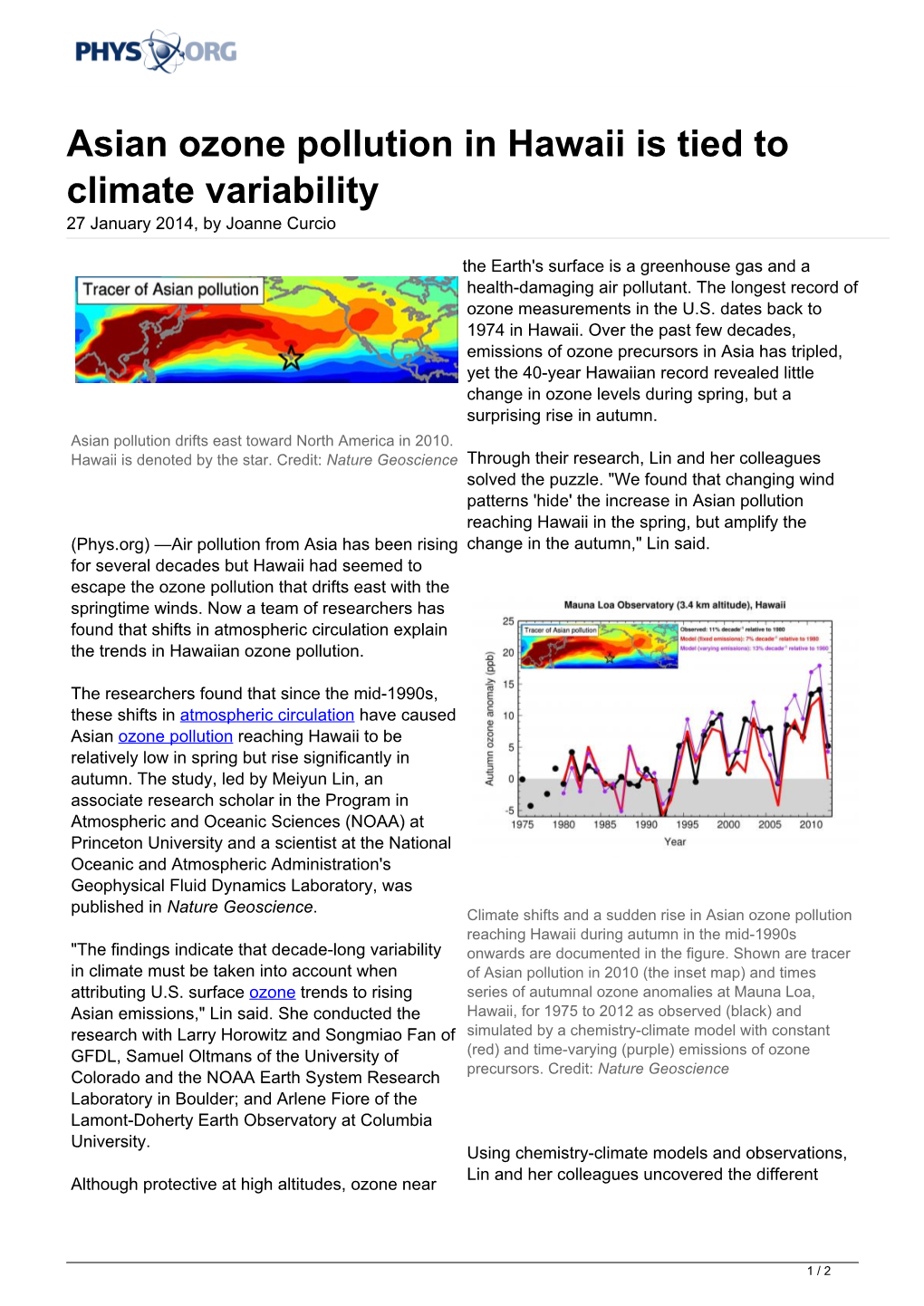 Asian Ozone Pollution in Hawaii Is Tied to Climate Variability 27 January 2014, by Joanne Curcio