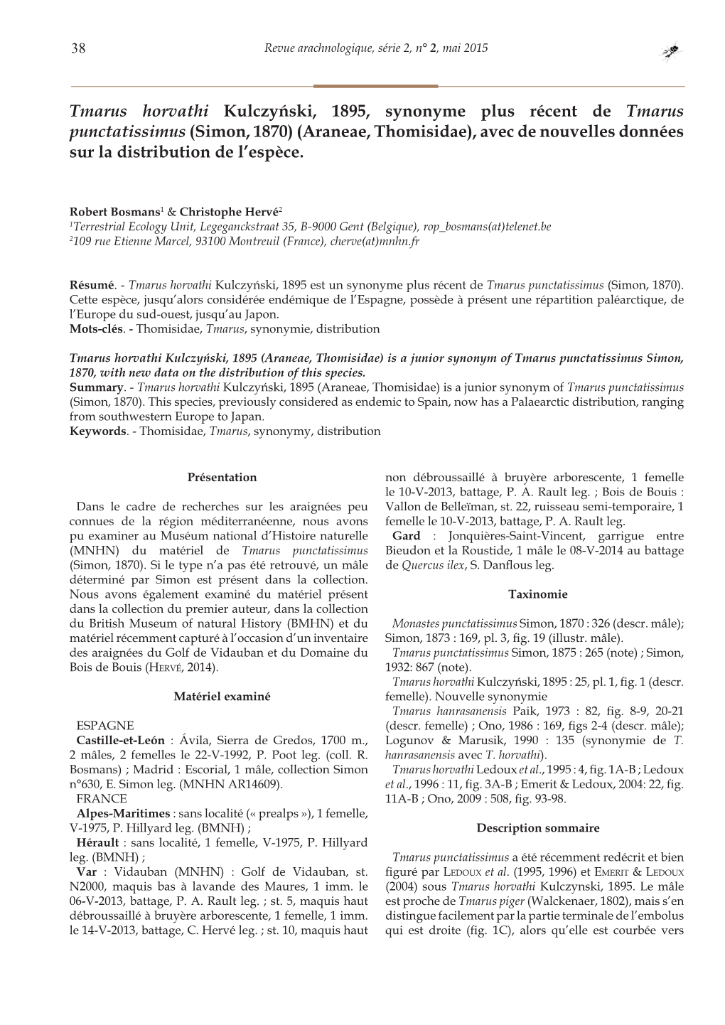 Tmarus Horvathi Kulczyński, 1895, Synonyme Plus Récent De Tmarus Punctatissimus (Simon, 1870) (Araneae, Thomisidae), Avec De