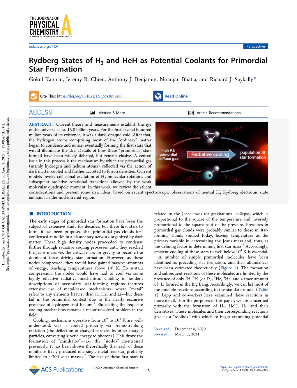 Rydberg States of H3 and Heh As Potential Coolants for Primordial Star Formation Gokul Kannan, Jeremy R