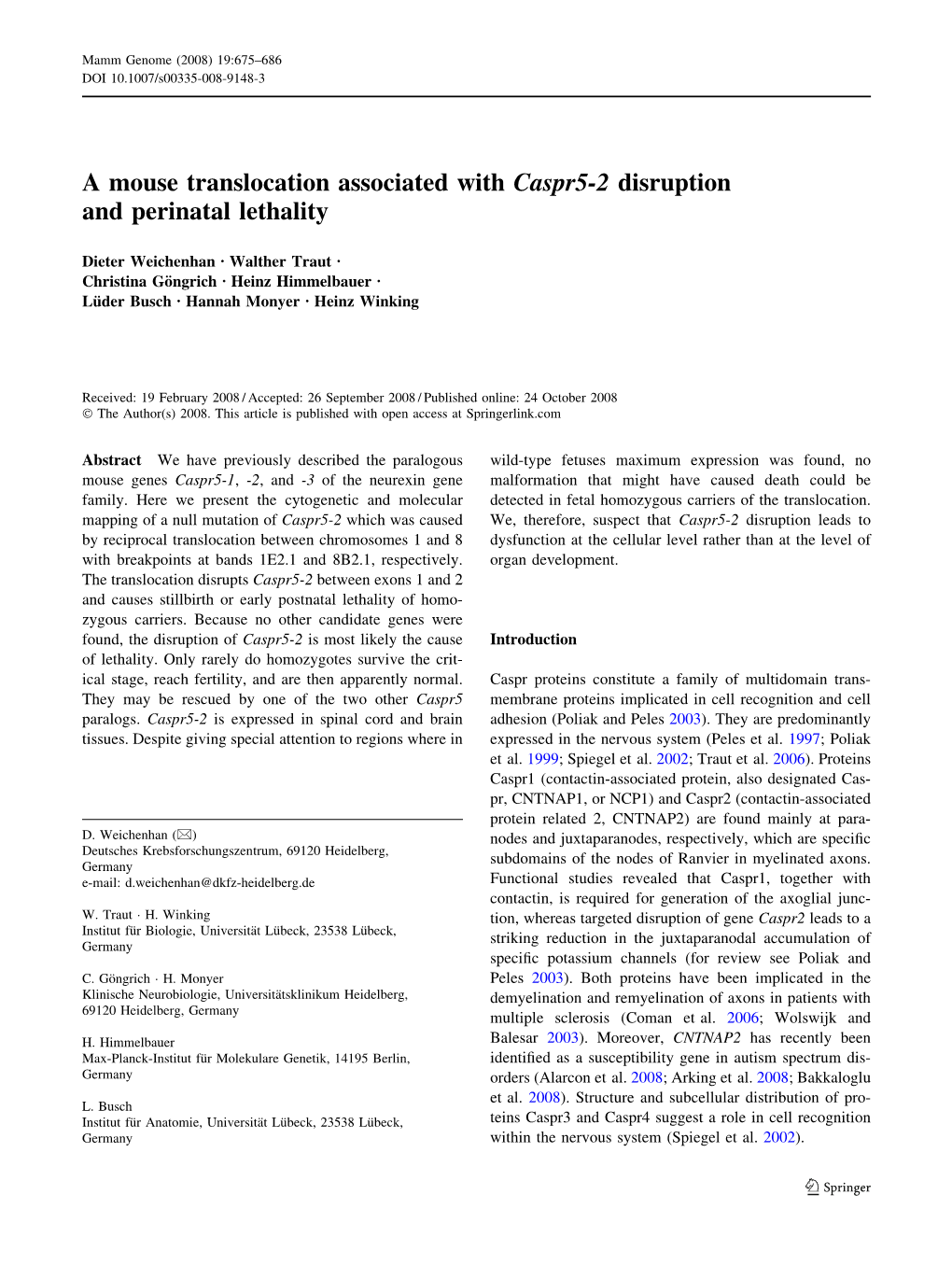 A Mouse Translocation Associated with Caspr5-2 Disruption and Perinatal Lethality