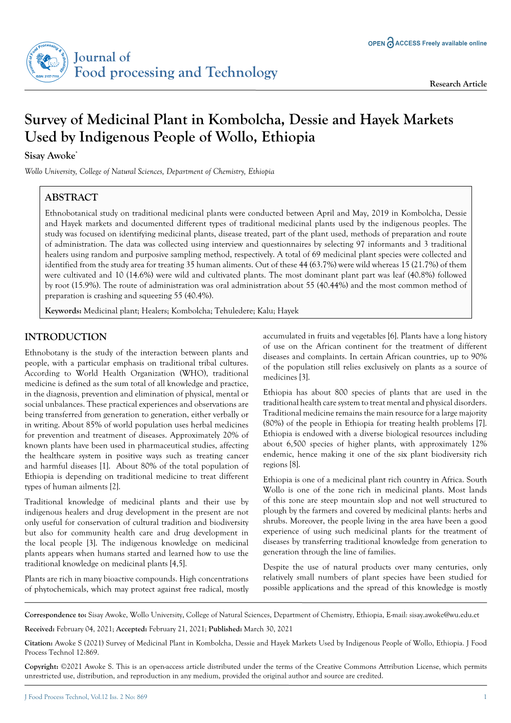 Survey of Medicinal Plant in Kombolcha, Dessie and Hayek