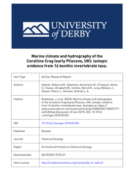 Marine Climate and Hydrography of the Coralline Crag (Early Pliocene, UK): Isotopic Evidence from 16 Benthic Invertebrate Taxa