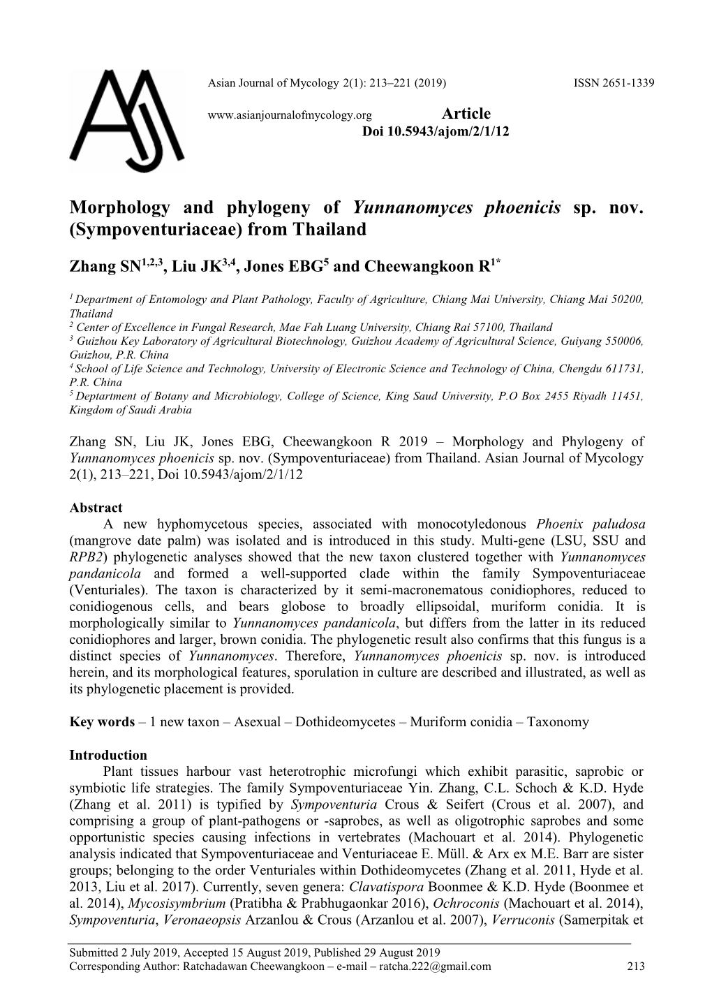 Morphology and Phylogeny of Yunnanomyces Phoenicis Sp. Nov. (Sympoventuriaceae) from Thailand