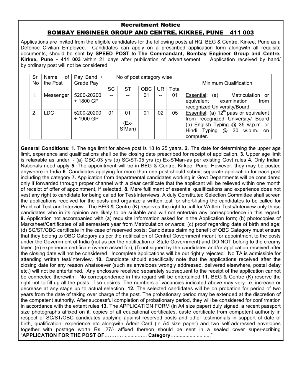 Recruitment Notice BOMBAY ENGINEER GROUP and CENTRE, KIKREE, PUNE – 411 003