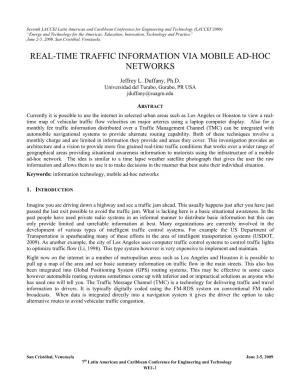 Real-Time Traffic Information Via Mobile Ad-Hoc Networks