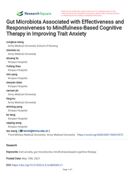 Gut Microbiota Associated with Effectiveness and Responsiveness to Mindfulness-Based Cognitive Therapy in Improving Trait Anxiet