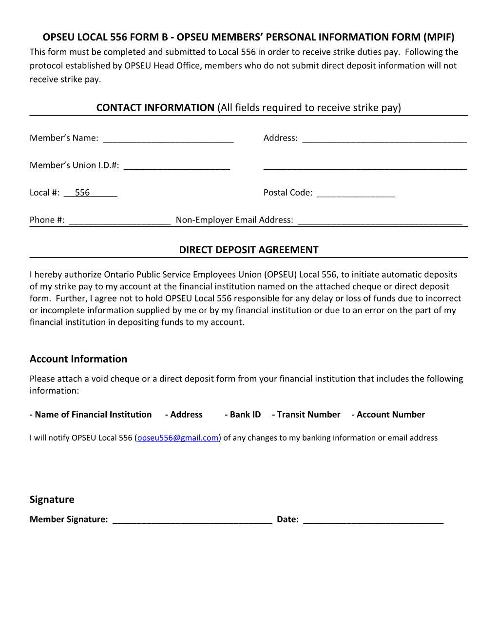 Opseu Local 556 Form B - Opseu Members Personal Information Form (Mpif)