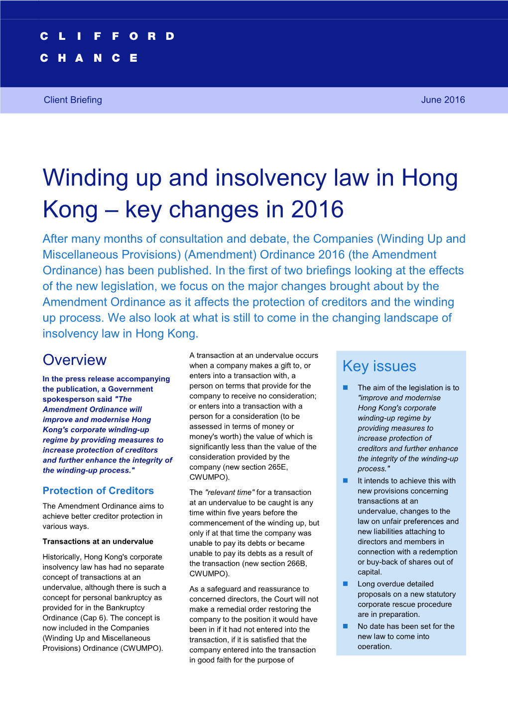 Winding up and Insolvency Law in Hong Kong – Key Changes in 2016 1