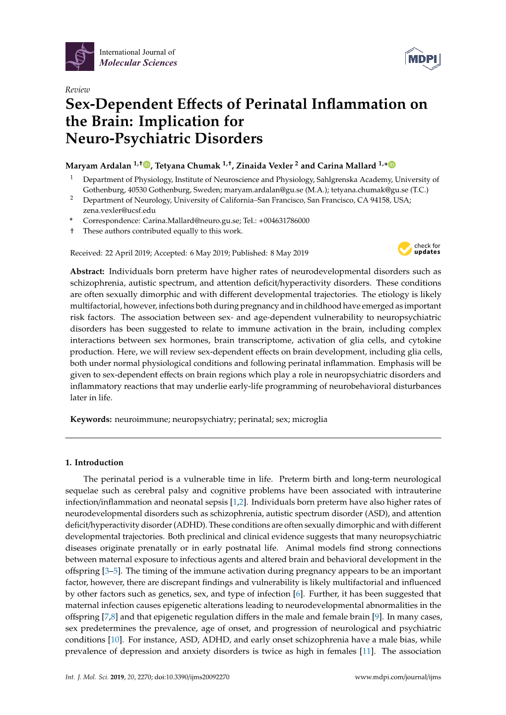 Sex-Dependent Effects of Perinatal Inflammation on the Brain