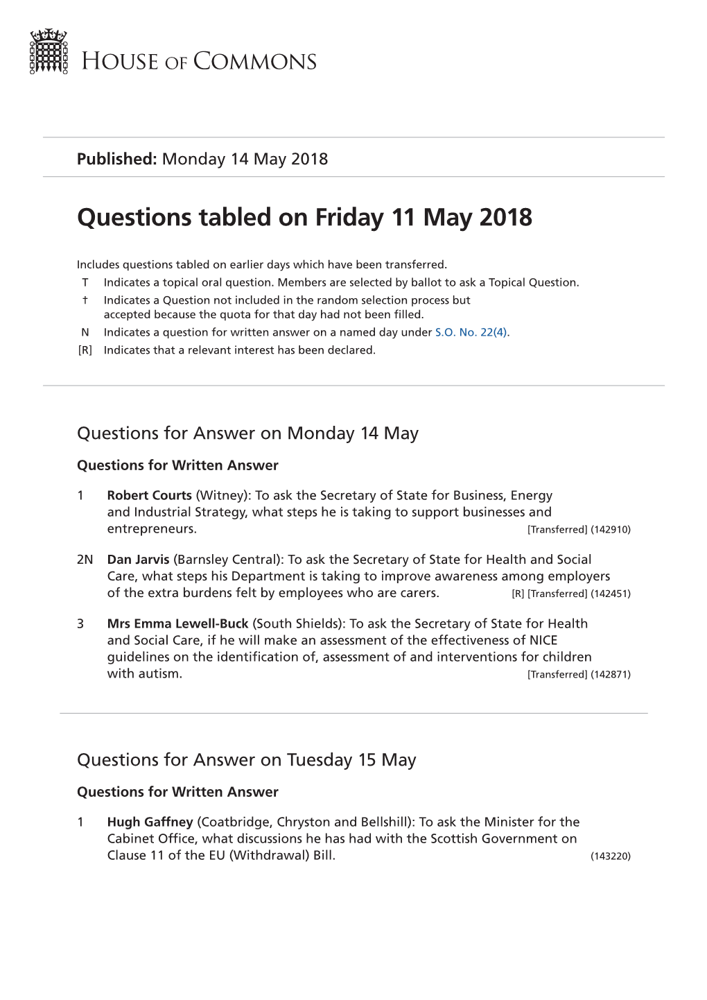 Questions Tabled on Fri 11 May 2018
