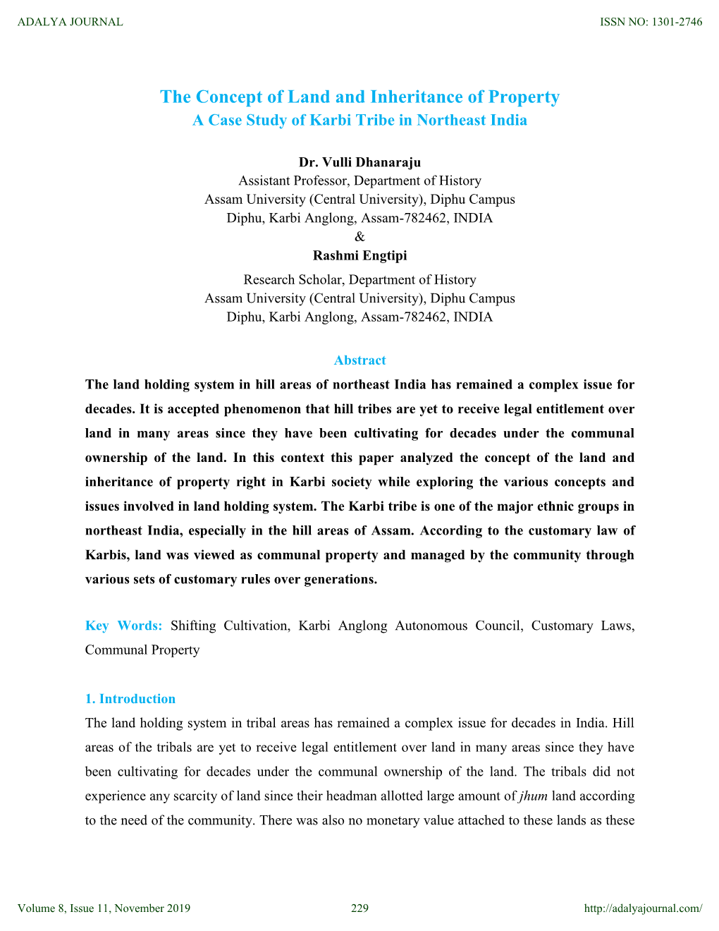 The Concept of Land and Inheritance of Property a Case Study of Karbi Tribe in Northeast India