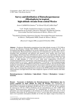 Survey and Distribution of Batrachospermaceae (Rhodophyta) in Tropical, High-Altitude Streams from Central Mexico