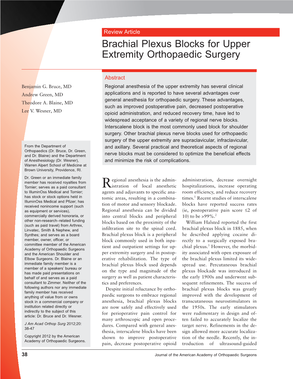 Brachial Plexus Blocks for Upper Extremity Orthopaedic Surgery