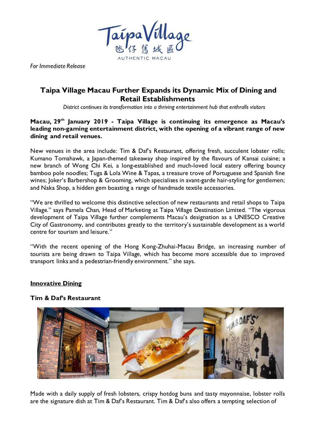 Taipa Village Macau Further Expands Its Dynamic Mix of Dining And