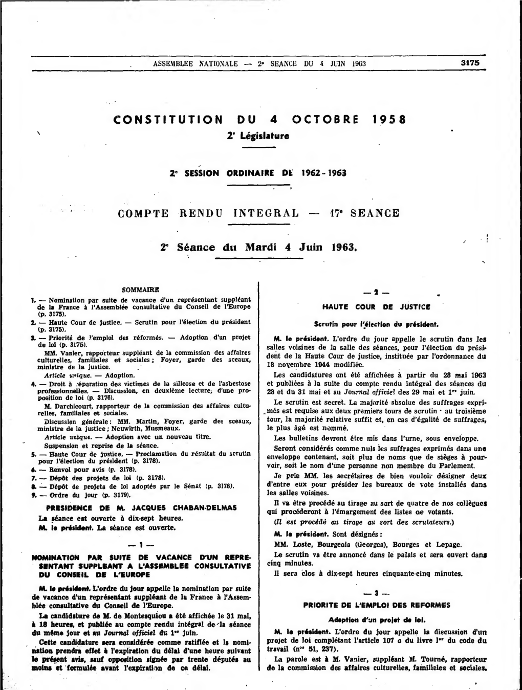 CONSTITUTION DU 4 OCTOBRE 1958 2° Législature