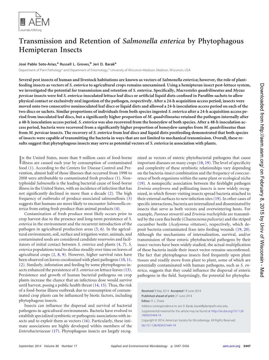 Transmission and Retention of Salmonella Enterica by Phytophagous Hemipteran Insects