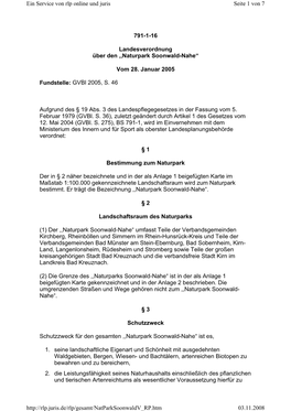 791-1-16 Landesverordnung Über Den ,,Naturpark Soonwald-Nahe“ Vom 28. Januar 2005 Fundstelle: Gvbl 2005, S. 46 Aufgrund