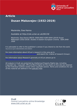 Dušan Makavejev (1932-2019) Before the Successes of Emir Kusturica