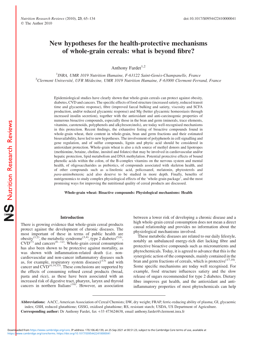 New Hypotheses for the Health-Protective Mechanisms of Whole-Grain Cereals: What Is Beyond ﬁbre?