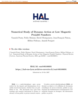 Numerical Study of Dynamo Action at Low Magnetic Prandtl Numbers