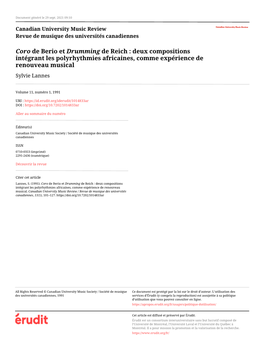 Coro De Berio Et Drumming De Reich : Deux Compositions Intégrant Les Polyrhythmies Africaines, Comme Expérience De Renouveau Musical Sylvie Lannes