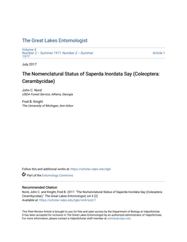 The Nomenclatural Status of Saperda Inordata Say (Coleoptera: Cerambycidae)