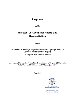 Response Minister Aboriginal Affairs and Reconciliation to APY
