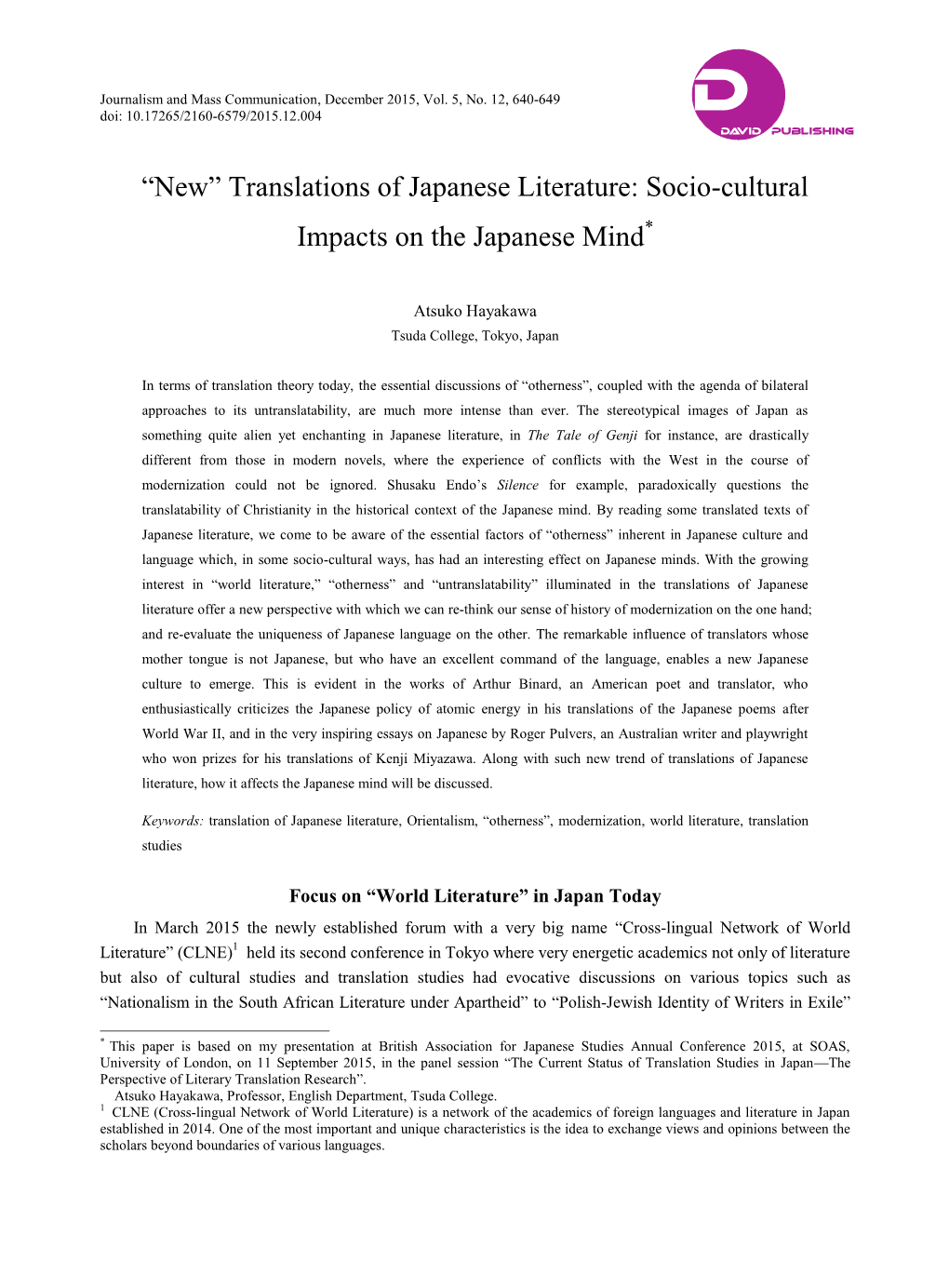 “New” Translations of Japanese Literature: Socio-Cultural Impacts on the Japanese Mind*