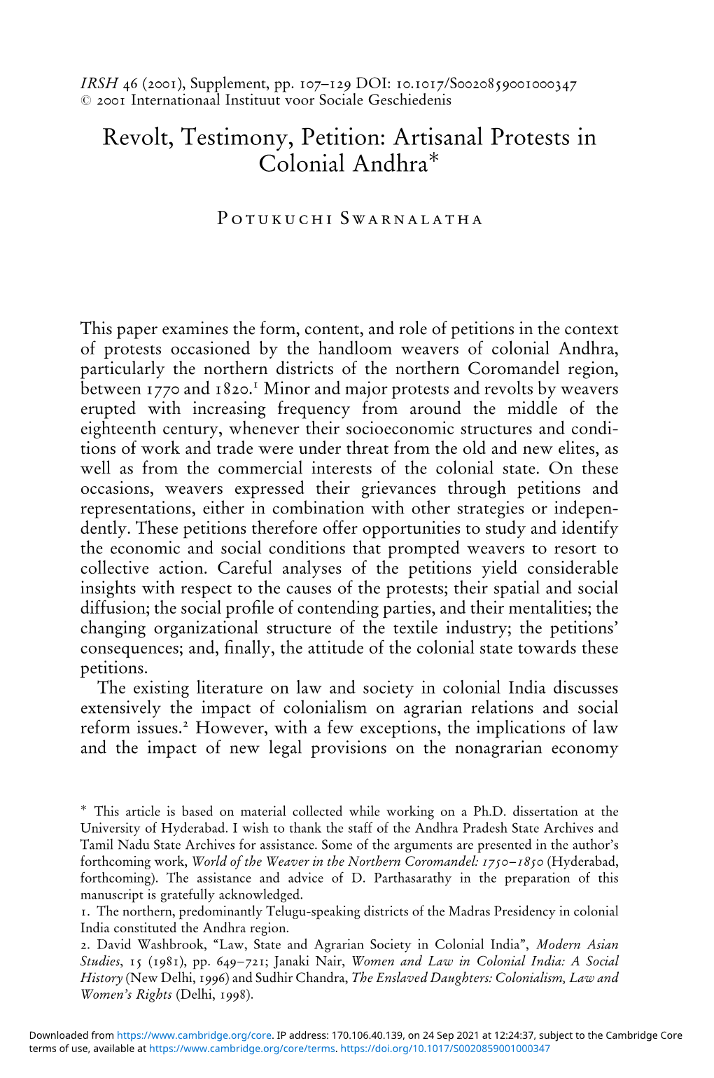 Revolt, Testimony, Petition: Artisanal Protests in Colonial Andhraã