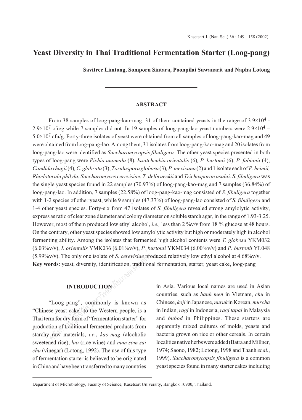 Yeast Diversity in Thai Traditional Fermentation Starter (Loog-Pang)