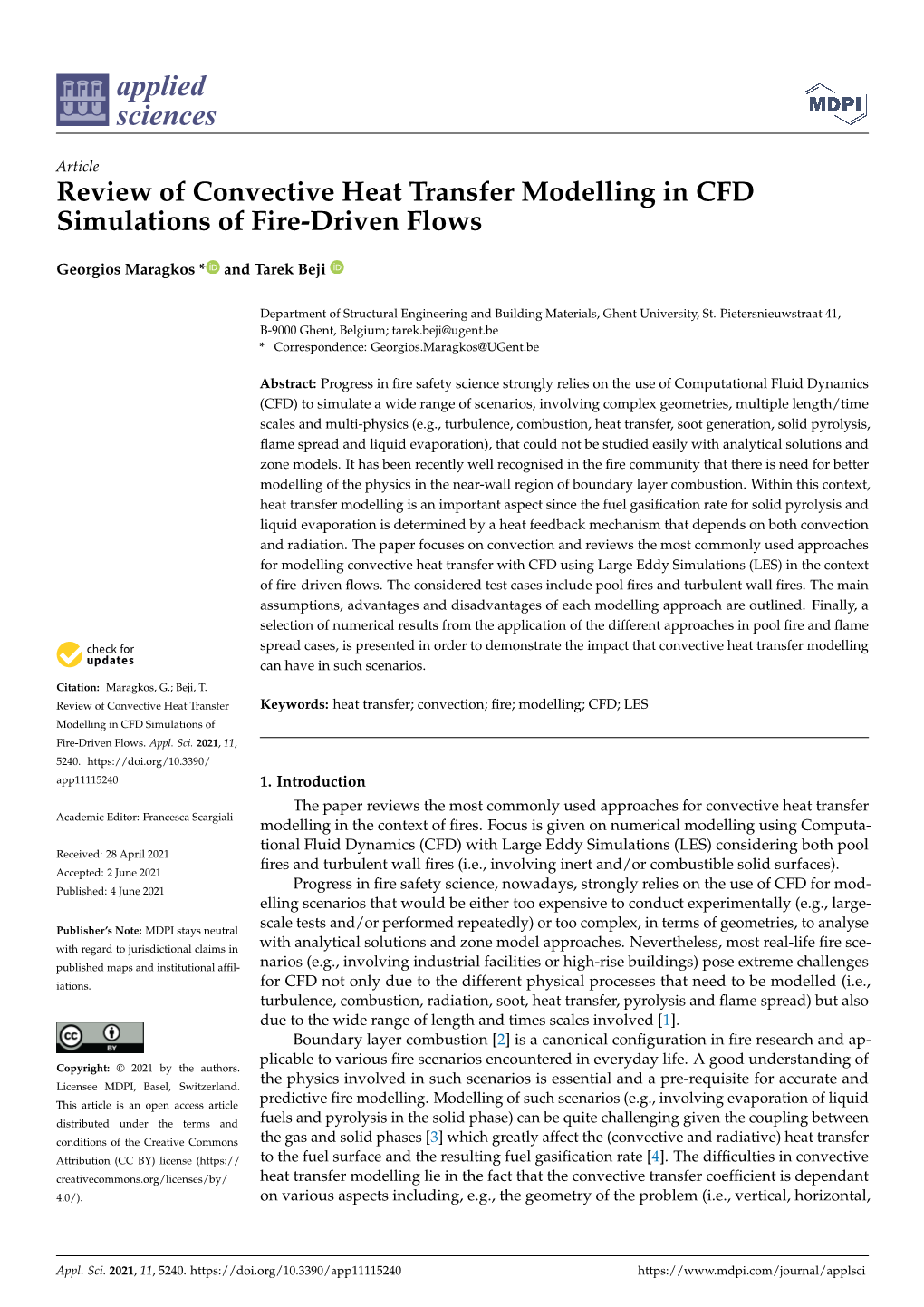 Review of Convective Heat Transfer Modelling in CFD Simulations of Fire-Driven Flows