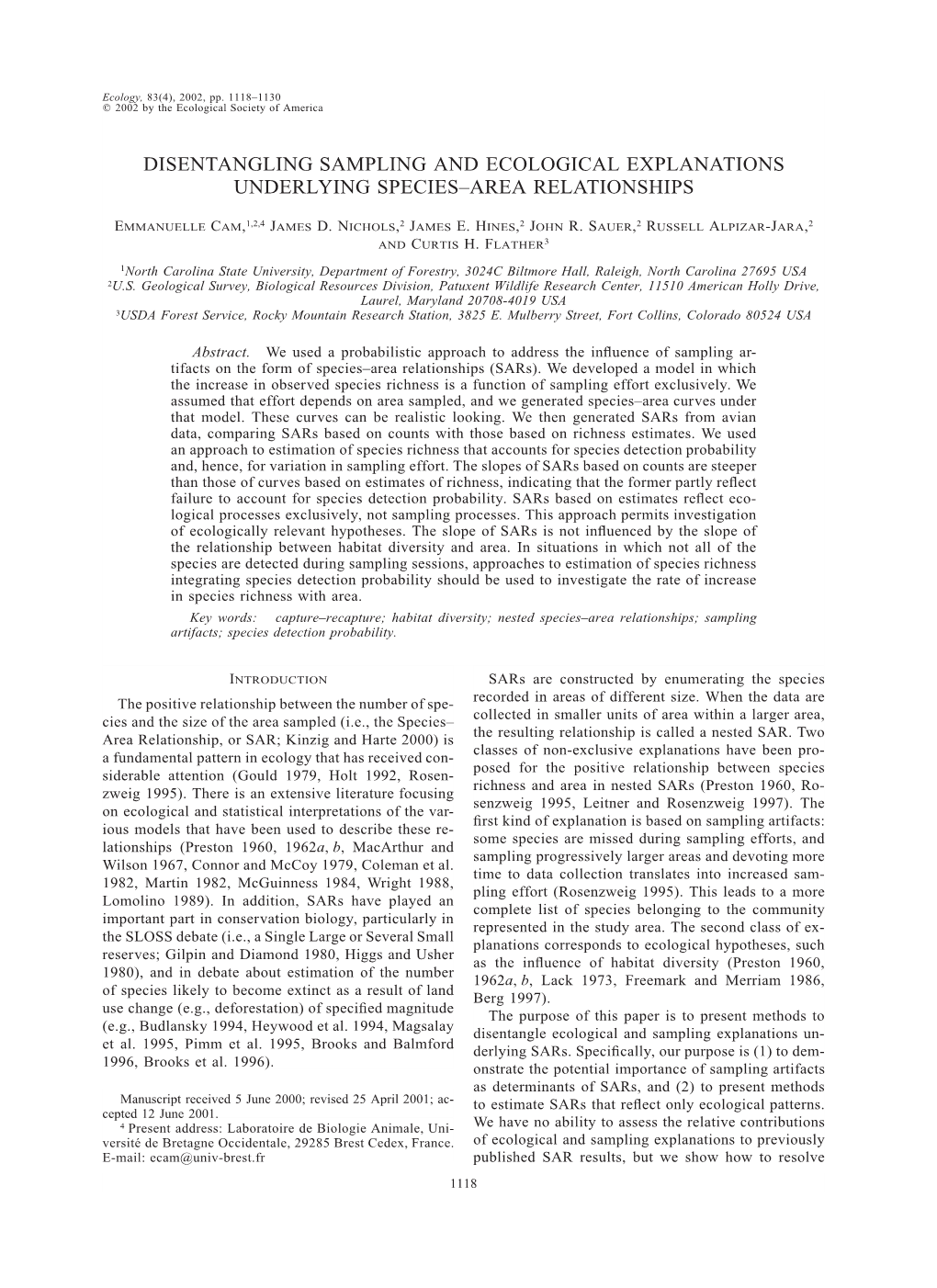 Disentangling Sampling and Ecological Explanations Underlying Species±Area Relationships