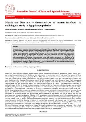 Metric and Non Metric Characteristics of Human Forefoot: a Radiological Study in Egyptian Population