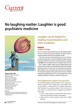 No Laughing Matter: Laughter Is Good Psychiatric Medicine