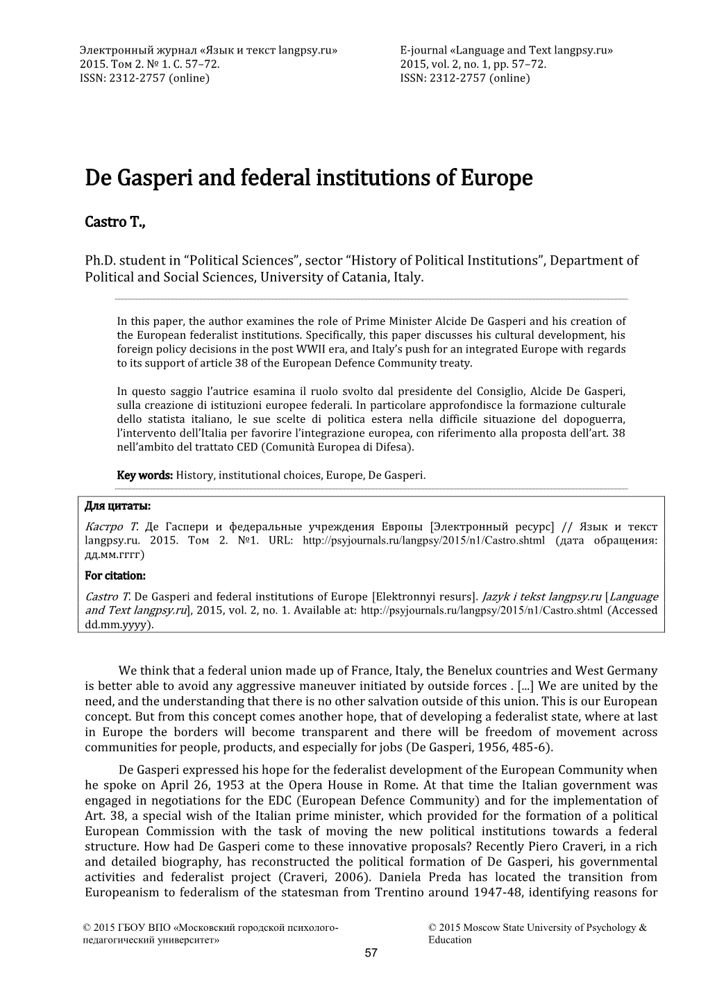 De Gasperi and Federal Institutions of Europe