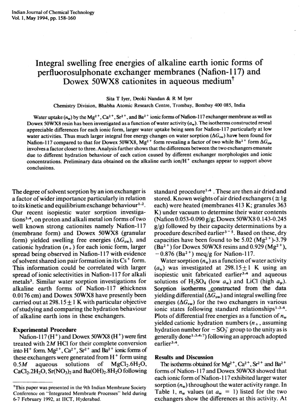 Nafion-117) and Dowex 50WX8 Cationites in Aqueous Medium T