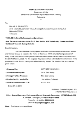 File No.SIA/TG/MIN/44127/2019 Goverment of India State Level Environment Impact Assessment Authority Telangana ***