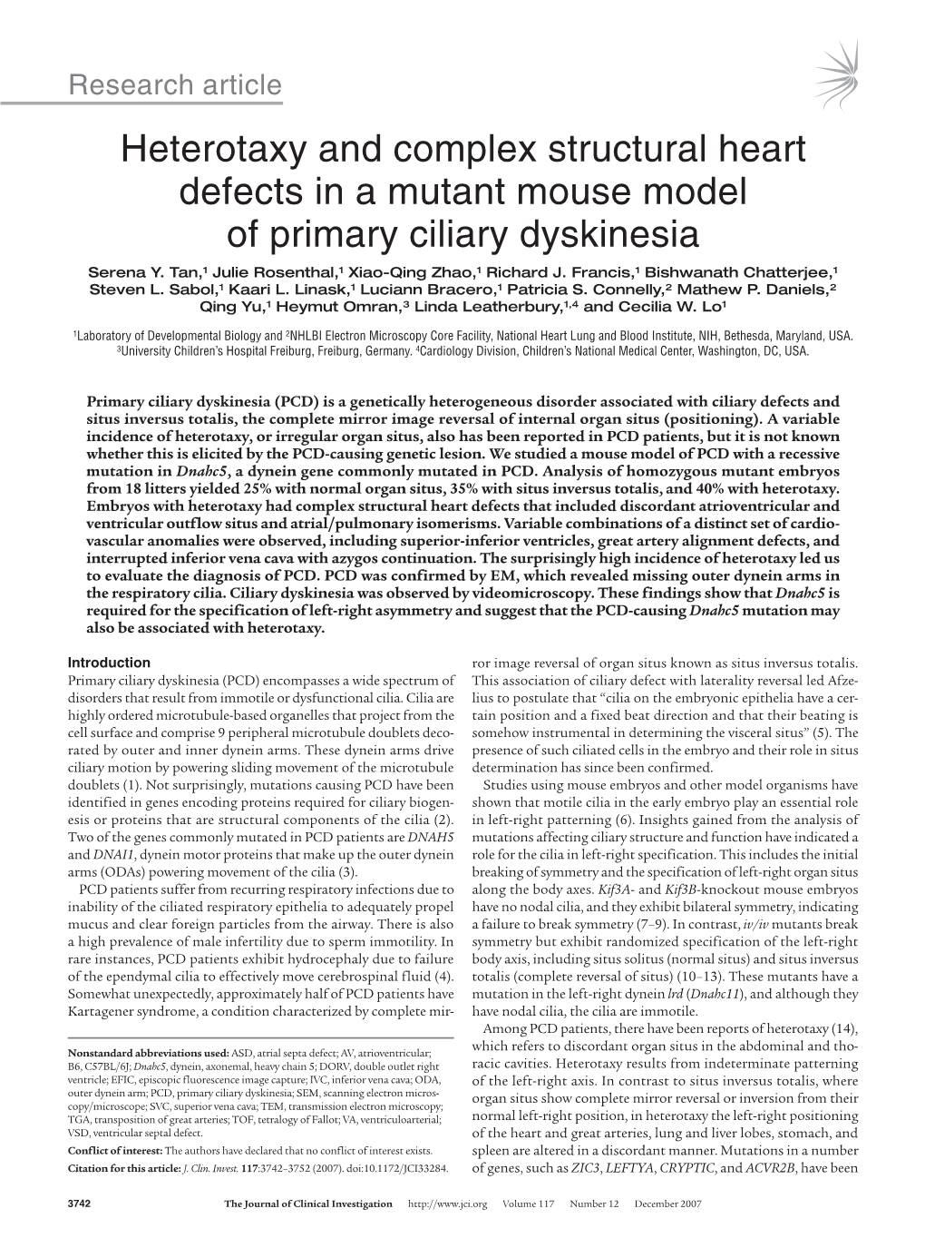 Heterotaxy and Complex Structural Heart Defects in a Mutant Mouse Model of Primary Ciliary Dyskinesia Serena Y